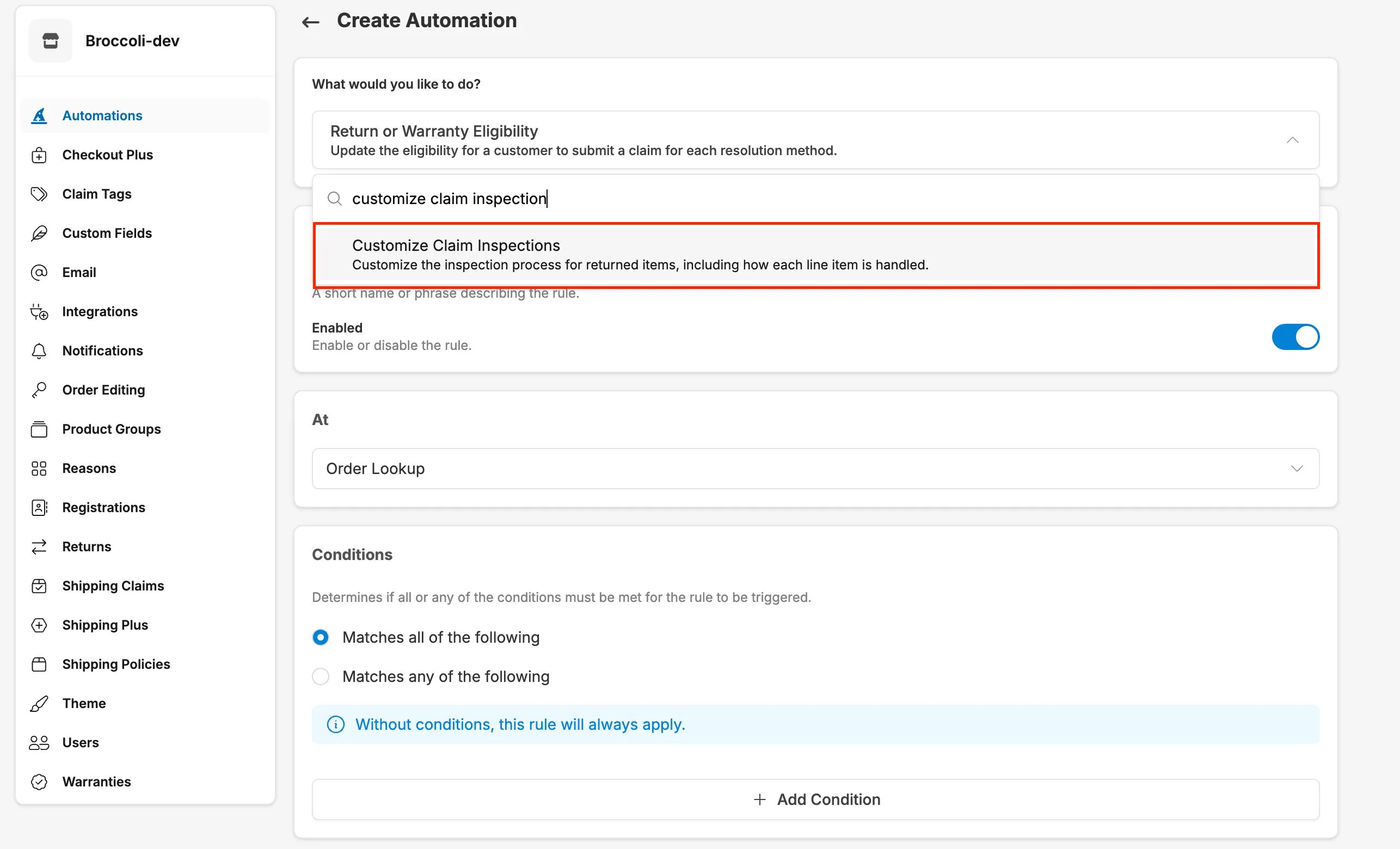 Select Customize Claim Inspections