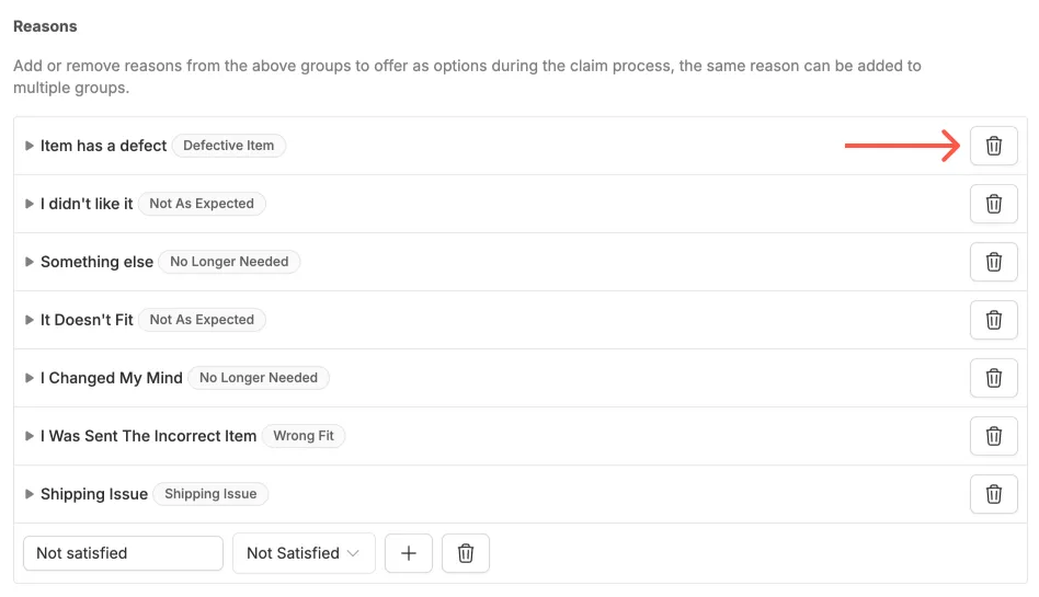 Deleting reason screenshot