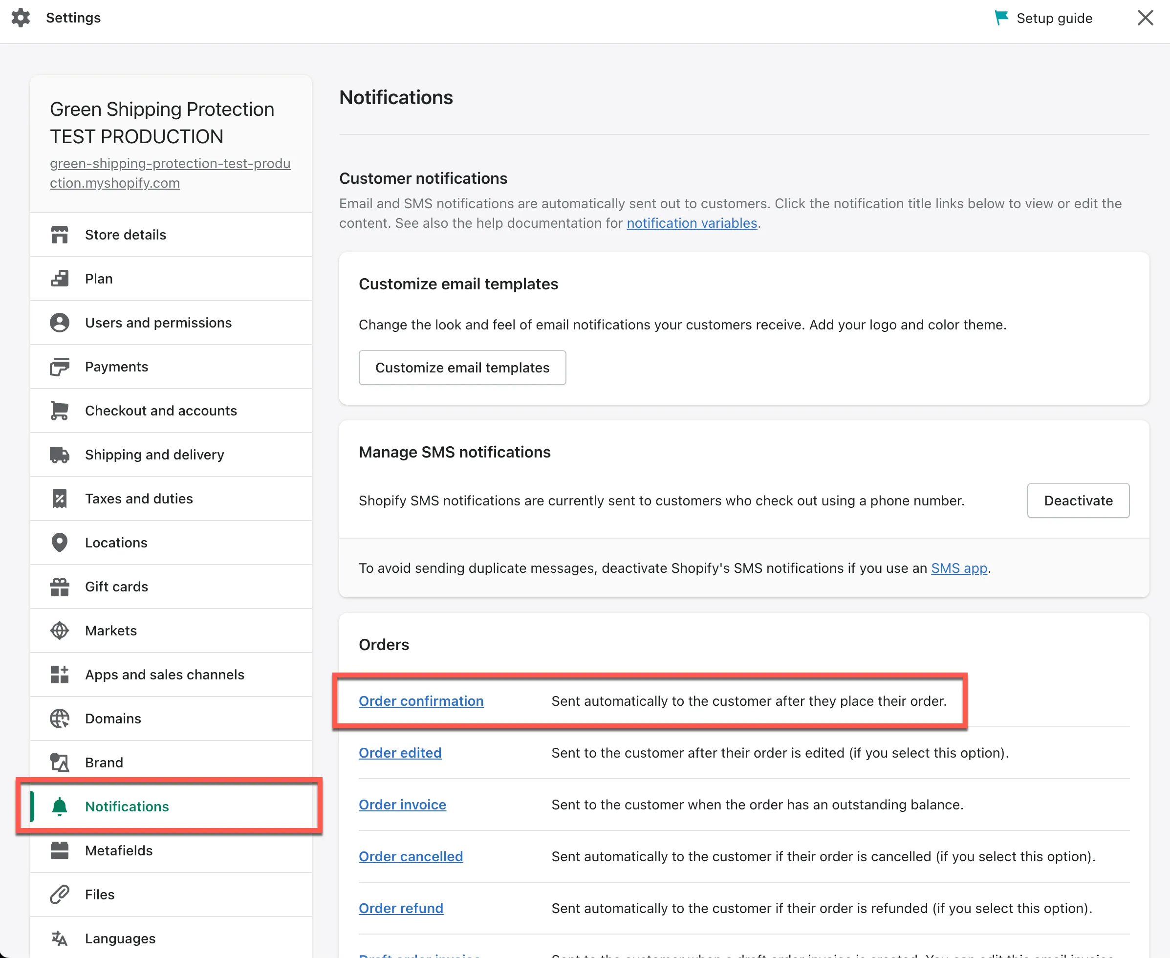 Selecting the Order Confirmation notification in the Shopify admin